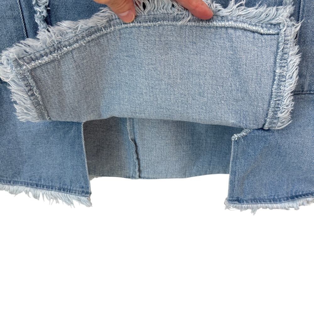 UMGEE Frayed Denim Patchwork Mini Skirt Raw Hem Boho Utility Pockets Size M - Picture 6 of 9
